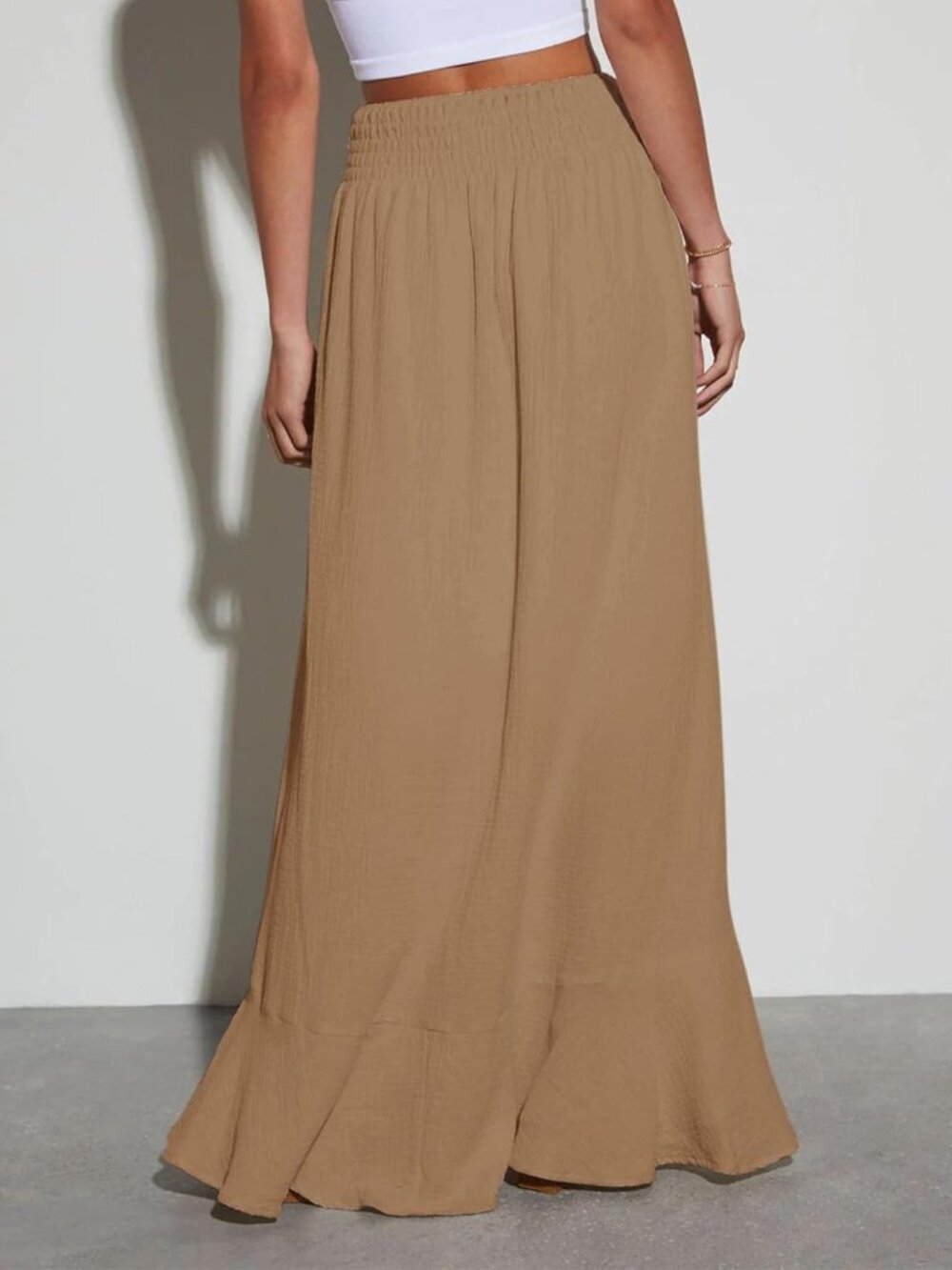 Women's Khaki Tie Elastic Button Down Loose Flowy Swing Slit Front Maxi Skirt - Picture 3 of 6